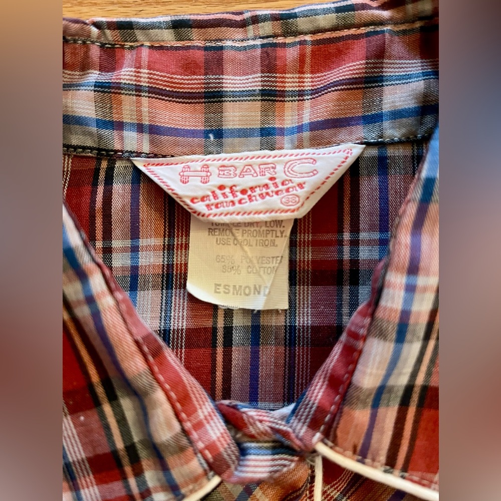 VINTAGE 1950 H BAR C Ranchwear RED Embroidered Plaid Pearl Snap Western Shirt 38 - Picture 2 of 8